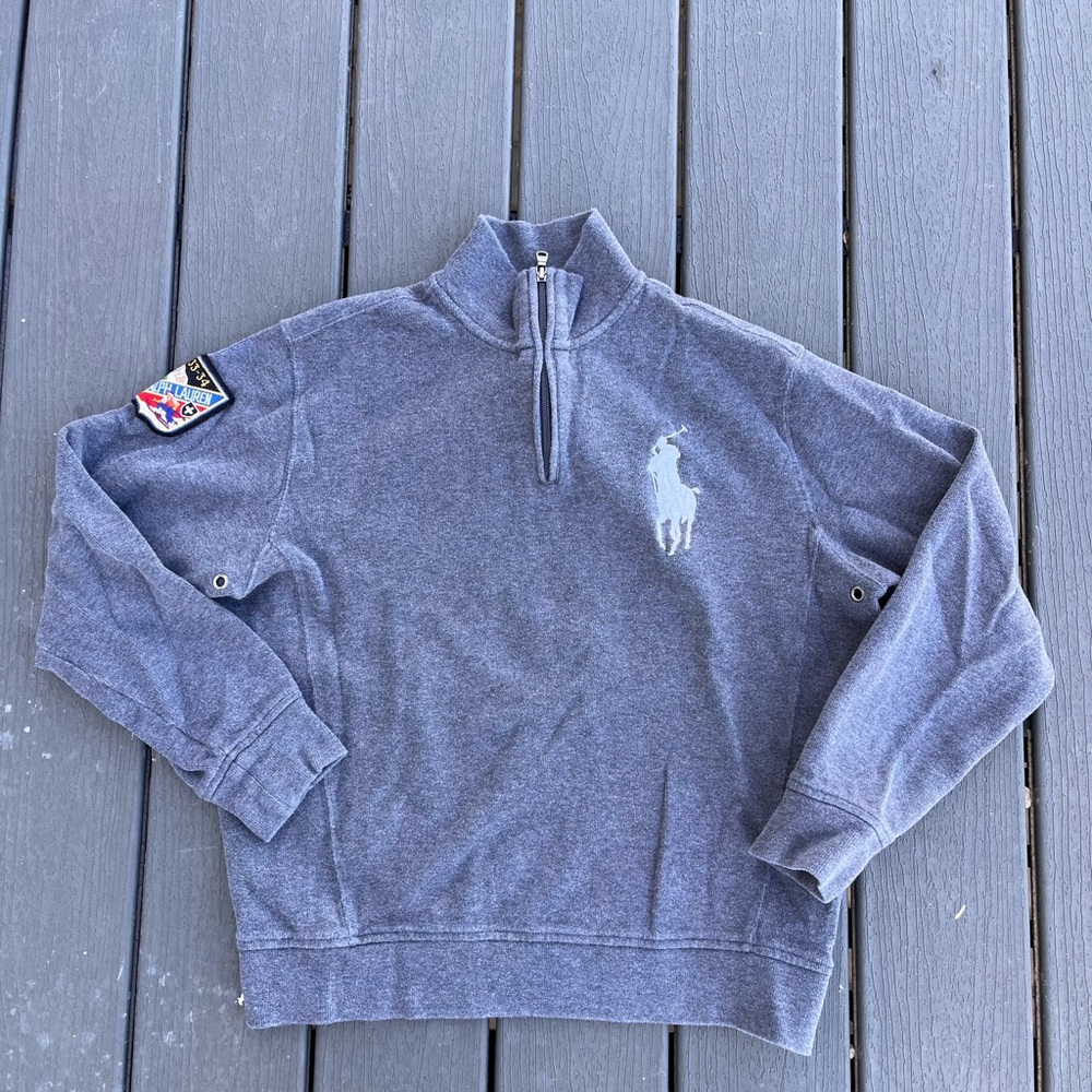 VTG Polo Ralph Lauren Big Pony Ski Patch Pullover 1/4 Zip Sweater Gray Medium